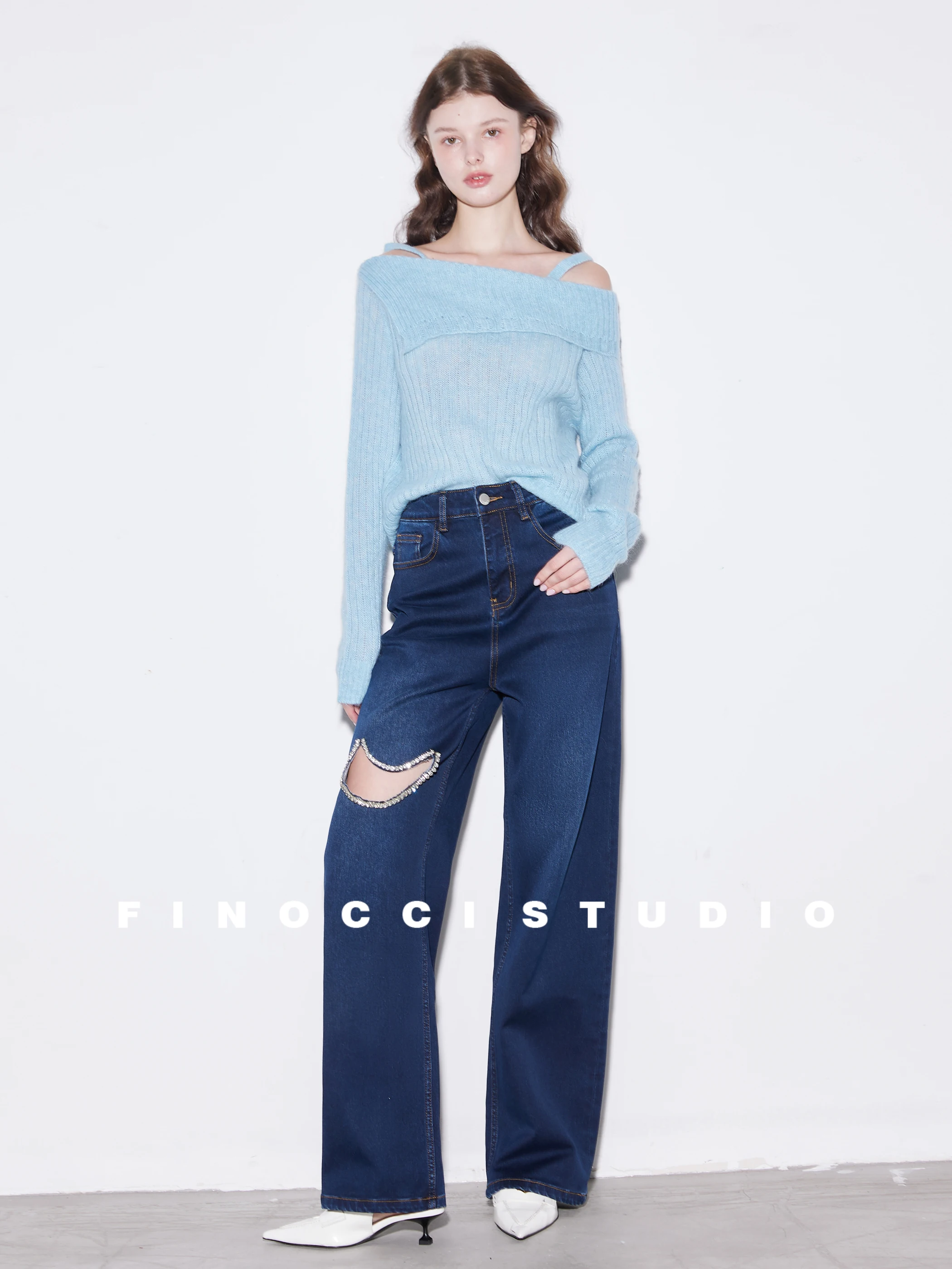 

Finocci Теплые джинсы из имбирного волокна с подкладкой ручной работы, вышитые бриллиантами, полые джинсы, самонагревающиеся, с высокой талией, с широкими штанинами, повседневные