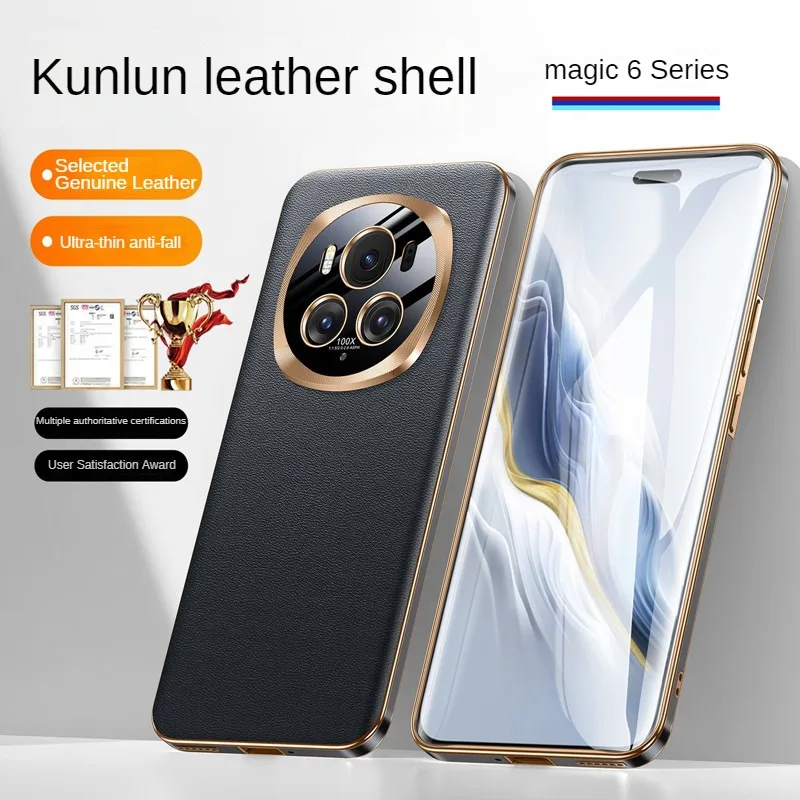 Luxury Cowhide Material for Honor Magic 6 Pro Case, New Leather Lens Full Package Anti Drop Straight Edge Case for Magic 5 Pro