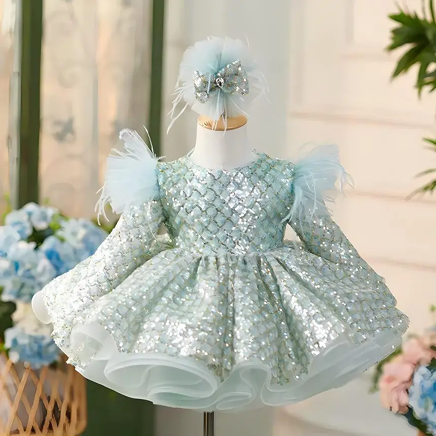 

High-End Children's Princess Evening Gown Sequins Design Kids Catwalk Wedding Birthday Baptism Eid Party Girls Dresses A3435