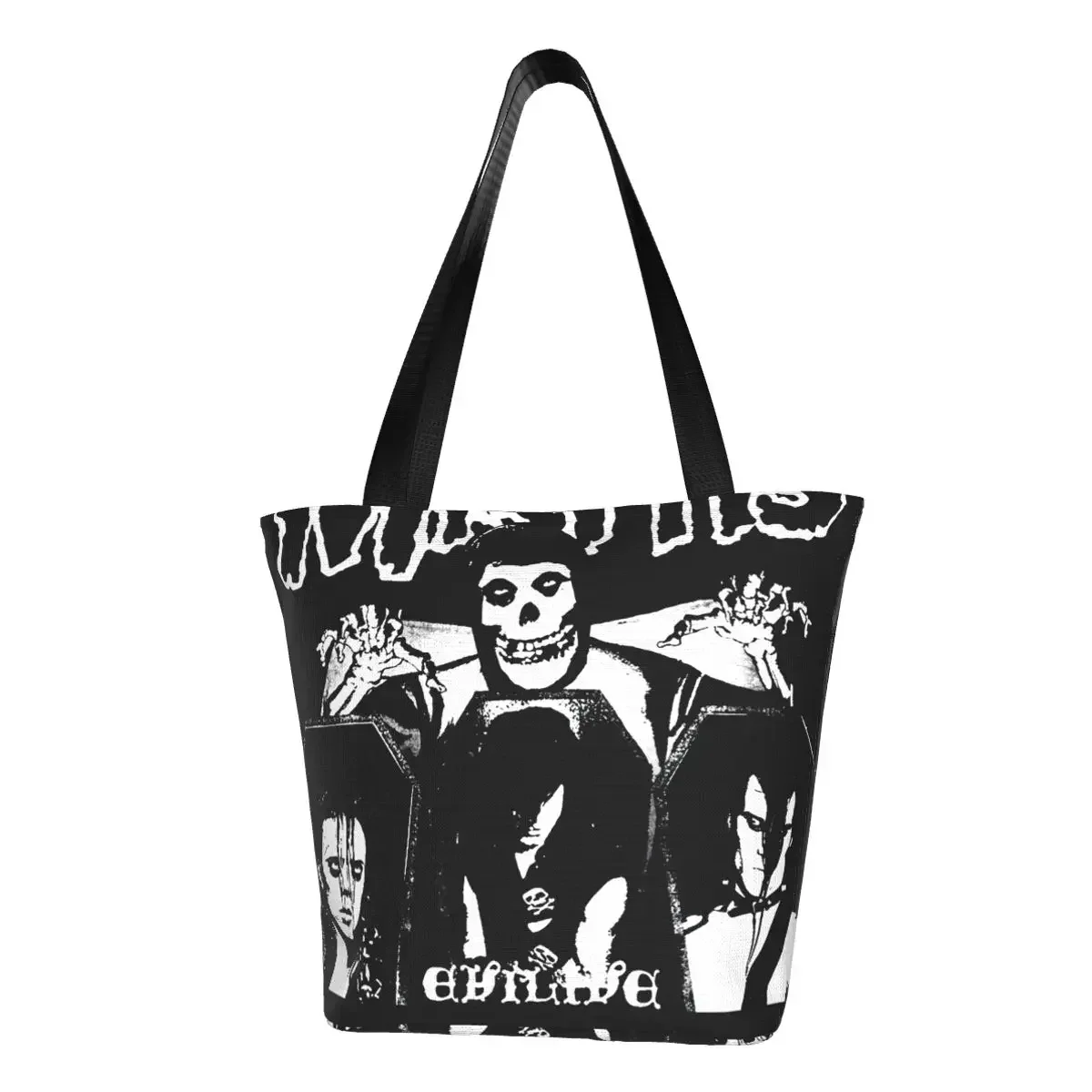 Reusable Misfits Skull Shopping Bag Women Canvas Shoulder Tote Bag Washable Punk Rock Music Grocery Shopper Bags