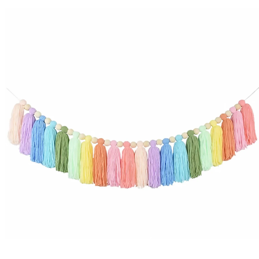 

Colorful Cotton Garland Wall Decorative Bohemian Home Bedroom Nursery Dorm Decor Handmade Garland With Wood Bead Rainbow Pendant