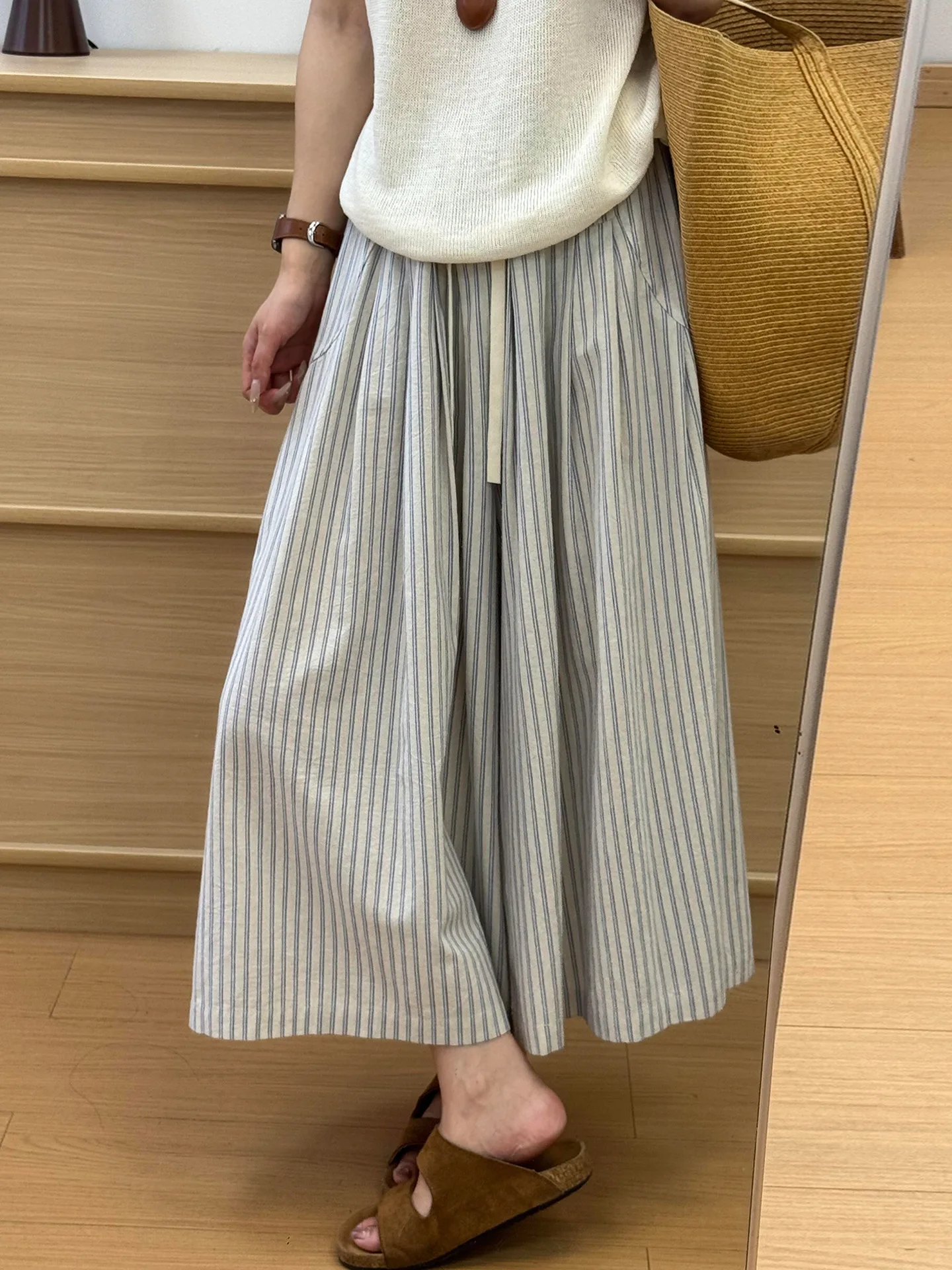 Pantalones de Pierna Ancha a Rayas Grises Estilo Coreano para Mujer, Novedad Verano 2026, Culottes Holgados de Corte Ajustado, Falda Pantalón Casual de Nueve Puntos