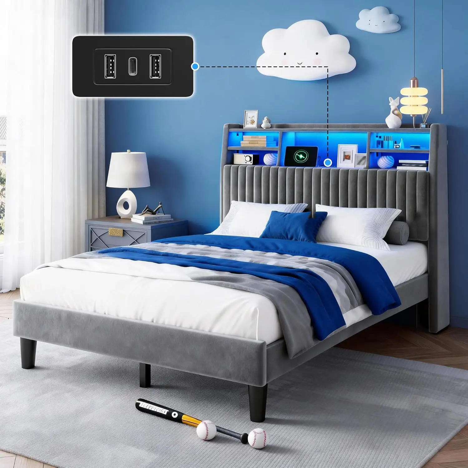 Velvet Upholstered Full Bed Frame with Charging Station & LED Lights, Storage Shelf, Wooden Slats, 700 lbs Support, No Box Sprin