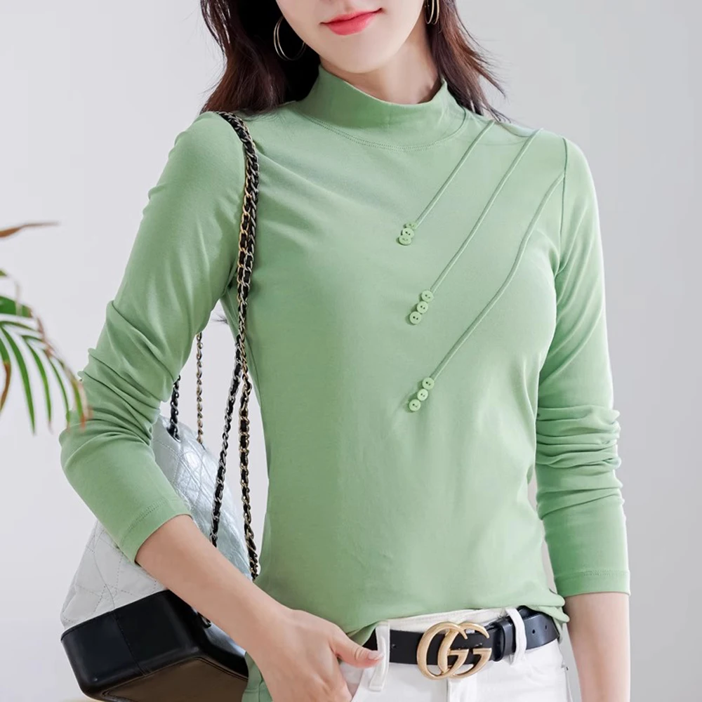 Korean version orange high neck long sleeved T-shirt for women's spring and autumn fashion plus size slim fit fishbone casual to