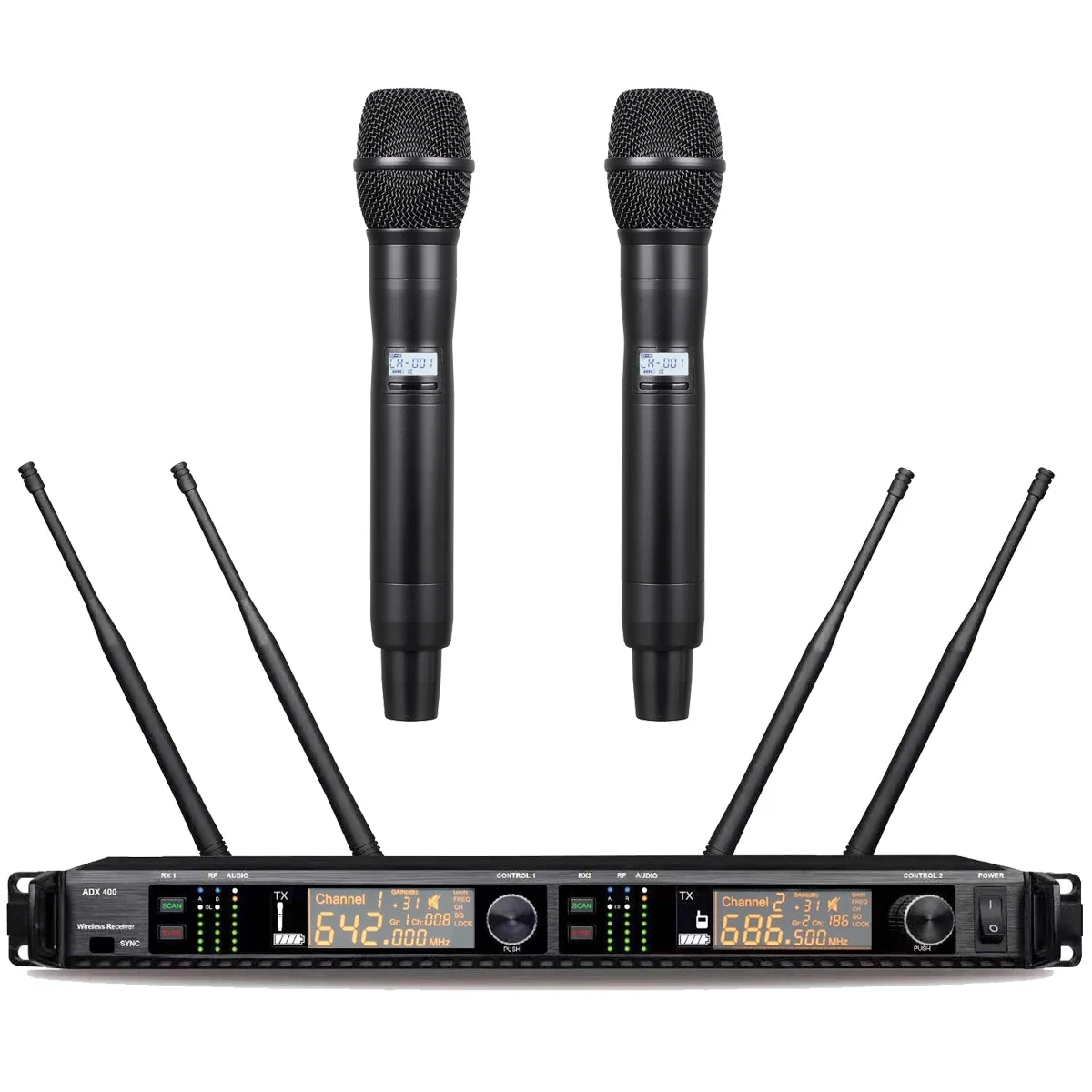 Advanced ADX400 UHF 2 x 200 Channel Handheld Digital Wireless Microphone DJ Karaoke Stage True Diversity System