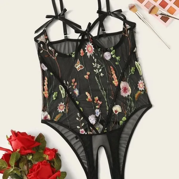 

, Новый сексуальный черный сетчатый комбинезон с разрезом и цветочной вышивкой, ажурные женские комбинезоны размера плюс 9XL 8XL 7XL 6XL XXXXXL