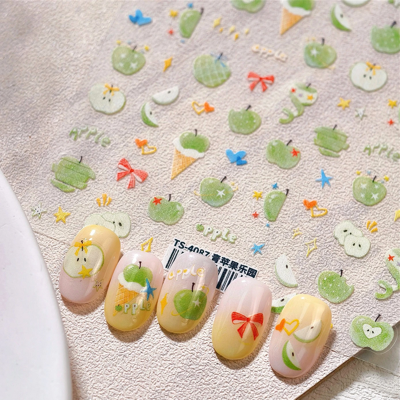 

Green Apple Ice Cream Bowknot Love Heart Stars Cute 3D Nail Art Stickers Grape Cherry Peach Strawberry Summer Manicure Decals