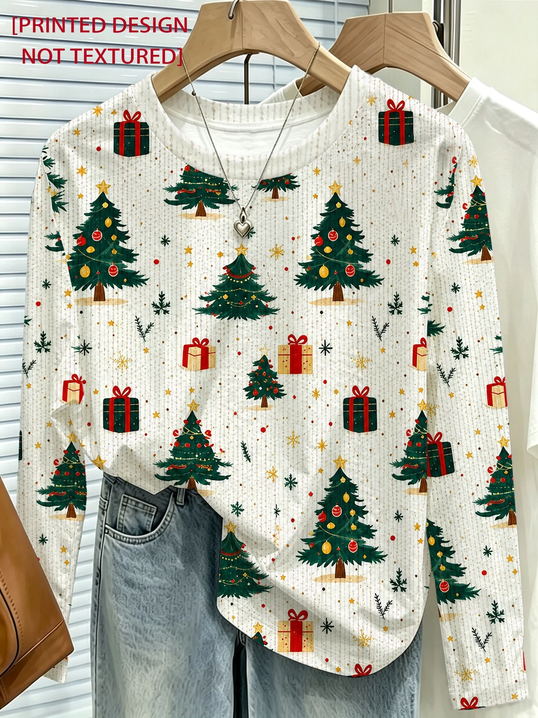 Women Long Sleeve Top Christmas Tree Gift Box Print Round Neck Soft Casual Holiday Slim Tops Women's Clothes