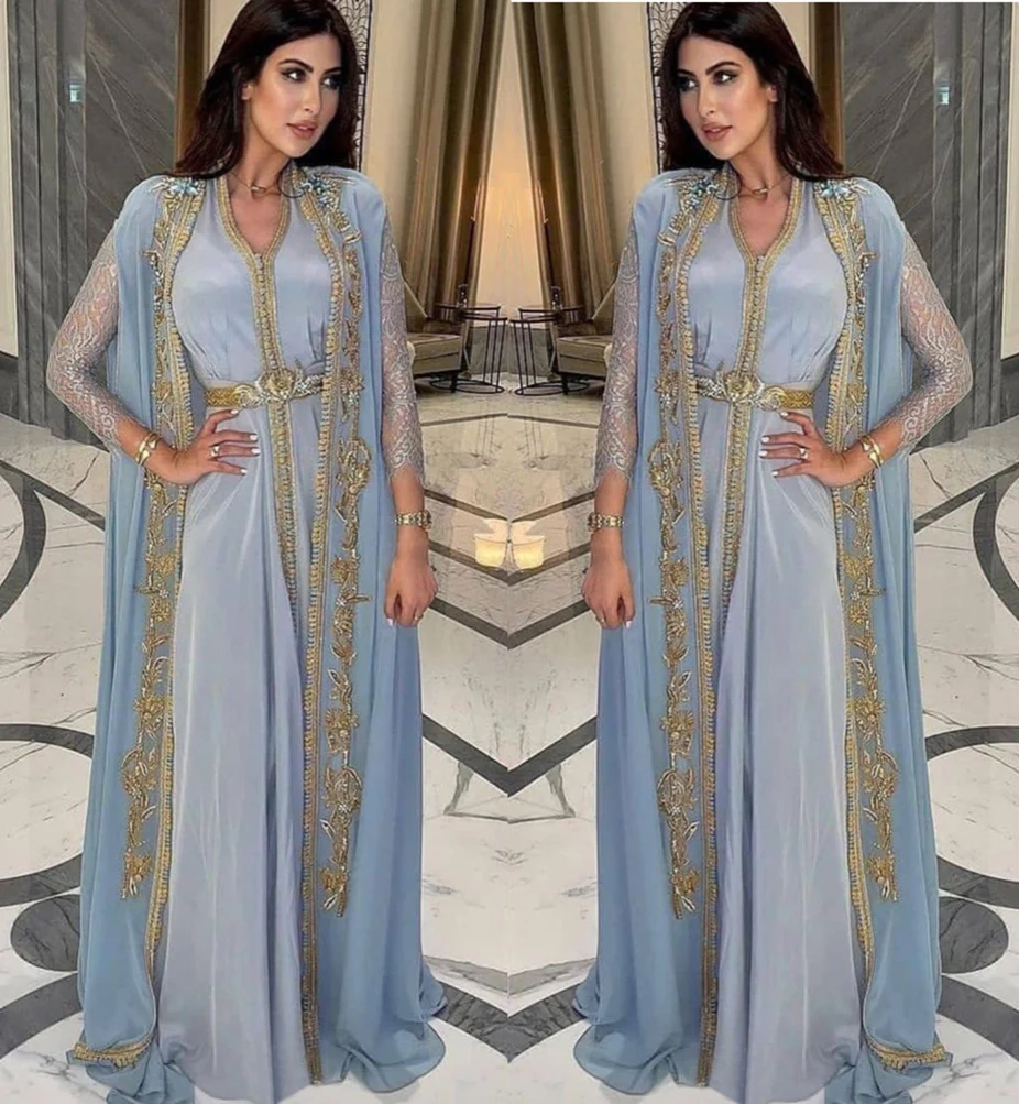 Caftan marroquino muçulmano vestidos de noite a linha mangas compridas chiffon grânulo dubai árabe turquia abaya vestido de baile islâmico personalizado