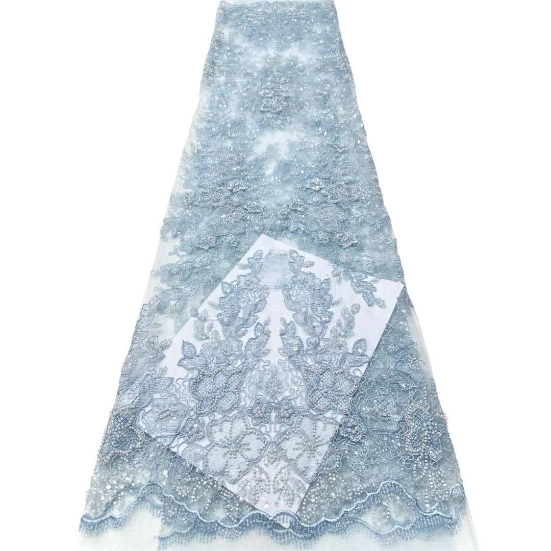 Hot Sale Austria French Lace Fabric High Quality Mesh Floral Embroidery Sequins Beads 5 Yards for Wedding Evening Party Dress