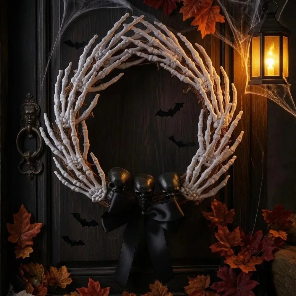 Dark Style Halloween Skeleton Hand Wreath Black Ribbon White Bones Halloween Artificial Wreath Black Bow Black Branch Wreaths