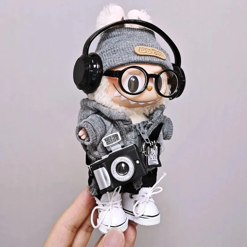 Ensemble de sweat à capuche universel Labubu 15cm/17cm, tenue tendance grise avec lunettes d'appareil photo, écouteurs et chaussures en toile, Compatible série 1-3