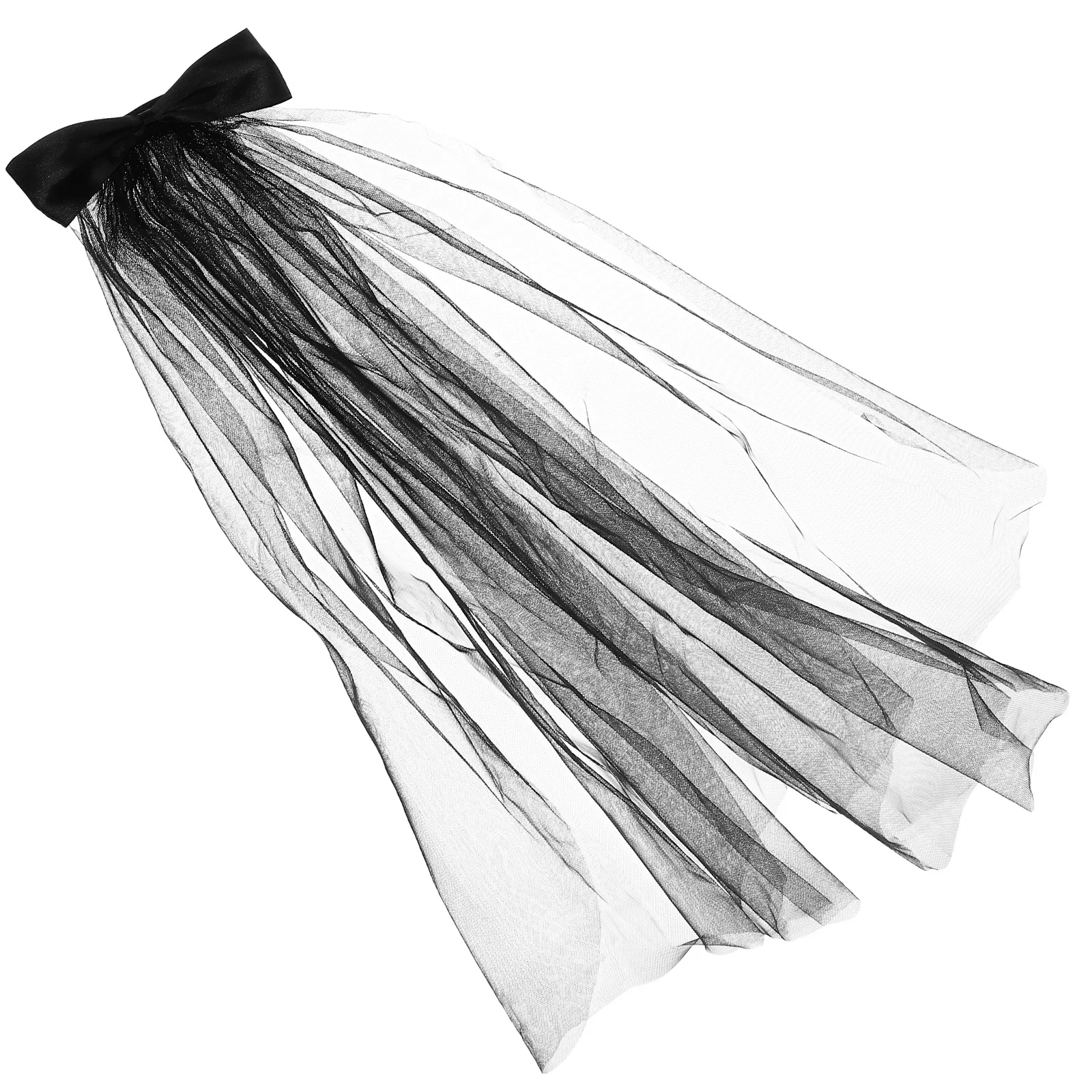 Halloween Veil Clip Gothic Style Long Party Veil Hair Accessory Black Tulle Hair Bow Decorative Halloween Headpiece Cosplay