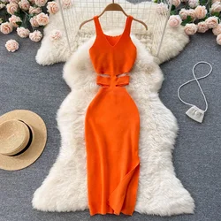 Summer Knit Sexy Strap Dress Women Hollow Out Elatic Waist Bodycon Sundress Female Beach Split Backless Long Dress