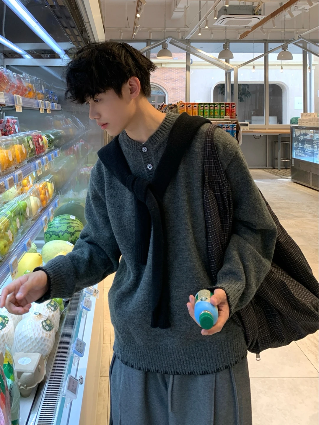 

Мужской вязаный свитер Deep ey с воротником хенли, свободного кроя, с длинным рукавом, однотонный, премиум-класса