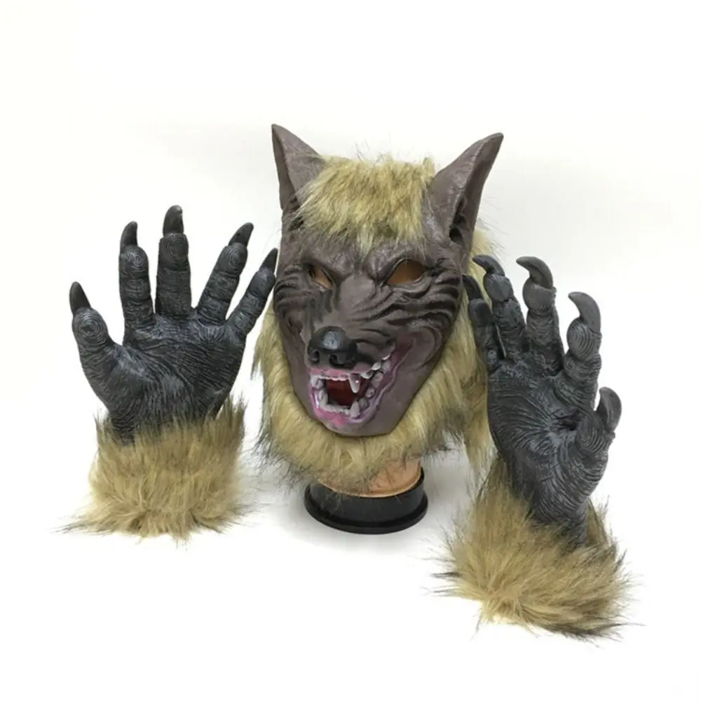 Criativo látex halloween lobisomem luvas de borracha máscara de cabelo vívido cabelo artificial cabeça de lobo decoração assustadora fornecimento de halloween