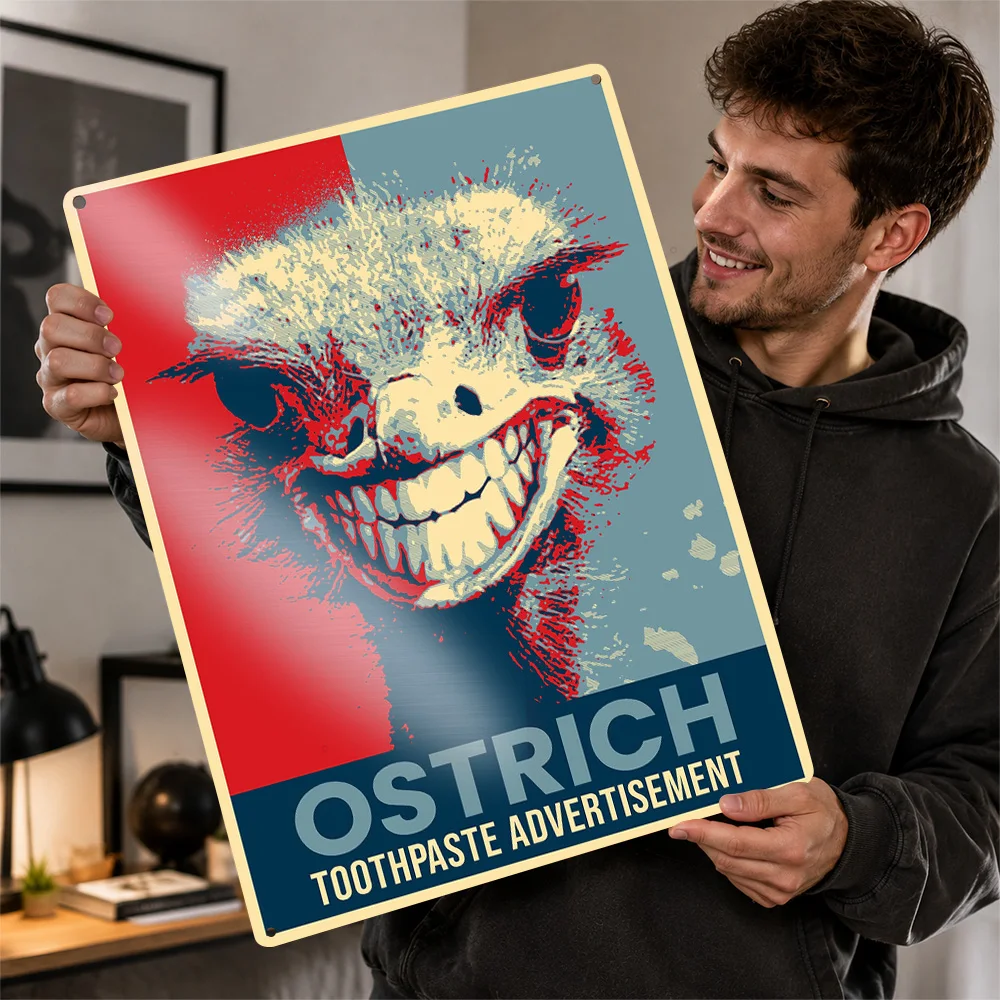 Smiling Ostrich Toothpaste Joke Aluminum Poster Vintage Pop Wall Art For Living Room Customized Metal Sign Animal Lover Gift