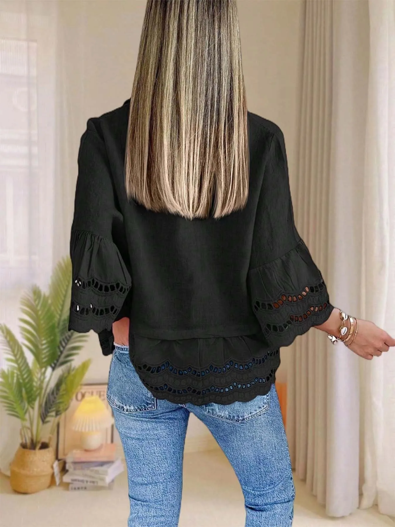 Women's 100% Cotton Elegant Collared Button-Down Shirt with Flared Sleeves and Cut-Out Lace Detail