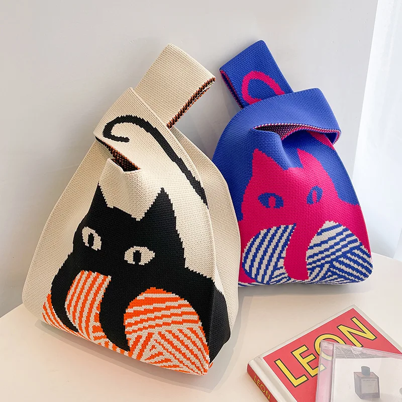 Retro Knitted Bag Women Contrast Color HandBag Cute Cat Pattern Bags Fashion Casual Tote Bag Designer Original Bag Open Handbag