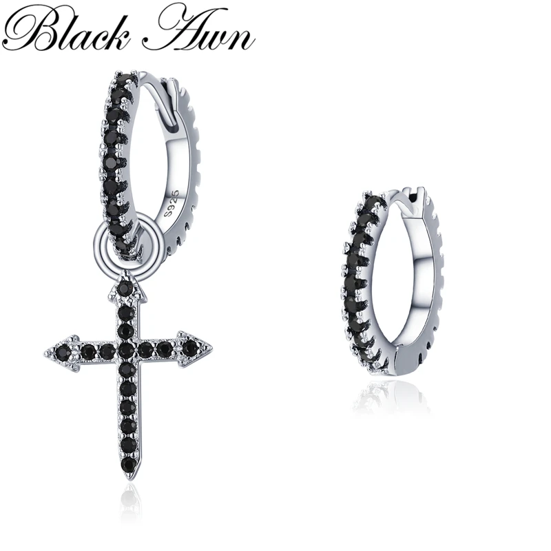 

2024 New Silver Color Round Black Trendy Spinel Engagement Cross Hoop Earrings For Women Fashion I203