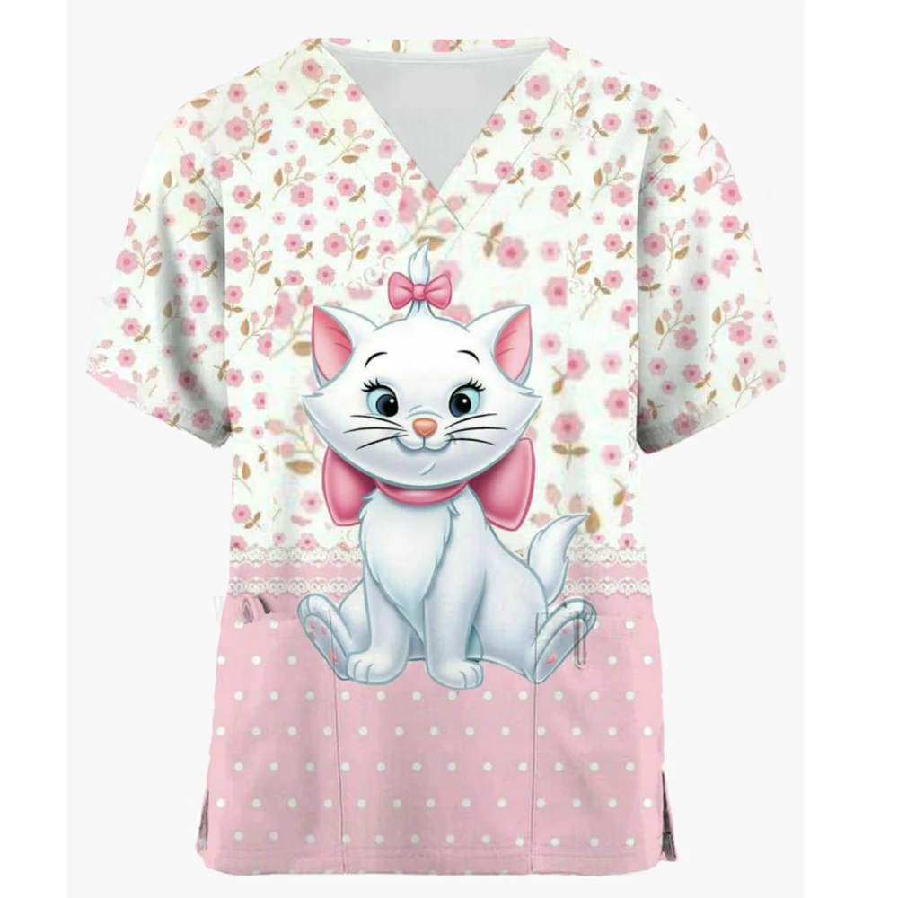 

High Quality Disney Marie Cat Print Women's Matte Top V-neck Cartoon Uniform Thin Nurse Top Women Short Sleeves Healthy Tone