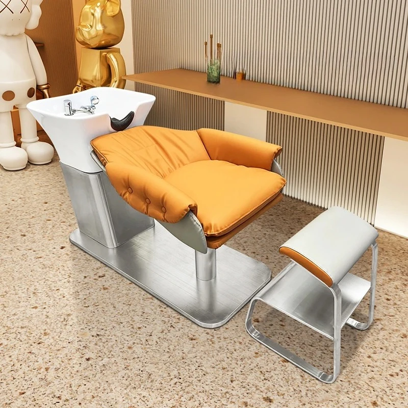 

Stainless Steel Shampoo Chair Hair Saloon Dedicated High-End Hair Salon Simple Half Lying Flushing Bed Ceramic Basin
