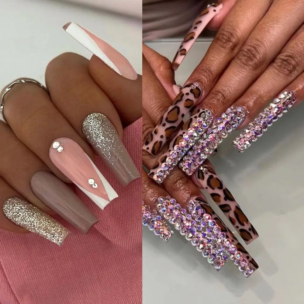 24 szt. Odpinane DIY Cyrkonie Pełne Pokrycie Sztuczne Paznokcie Długie Francuskie Leopard Balerina