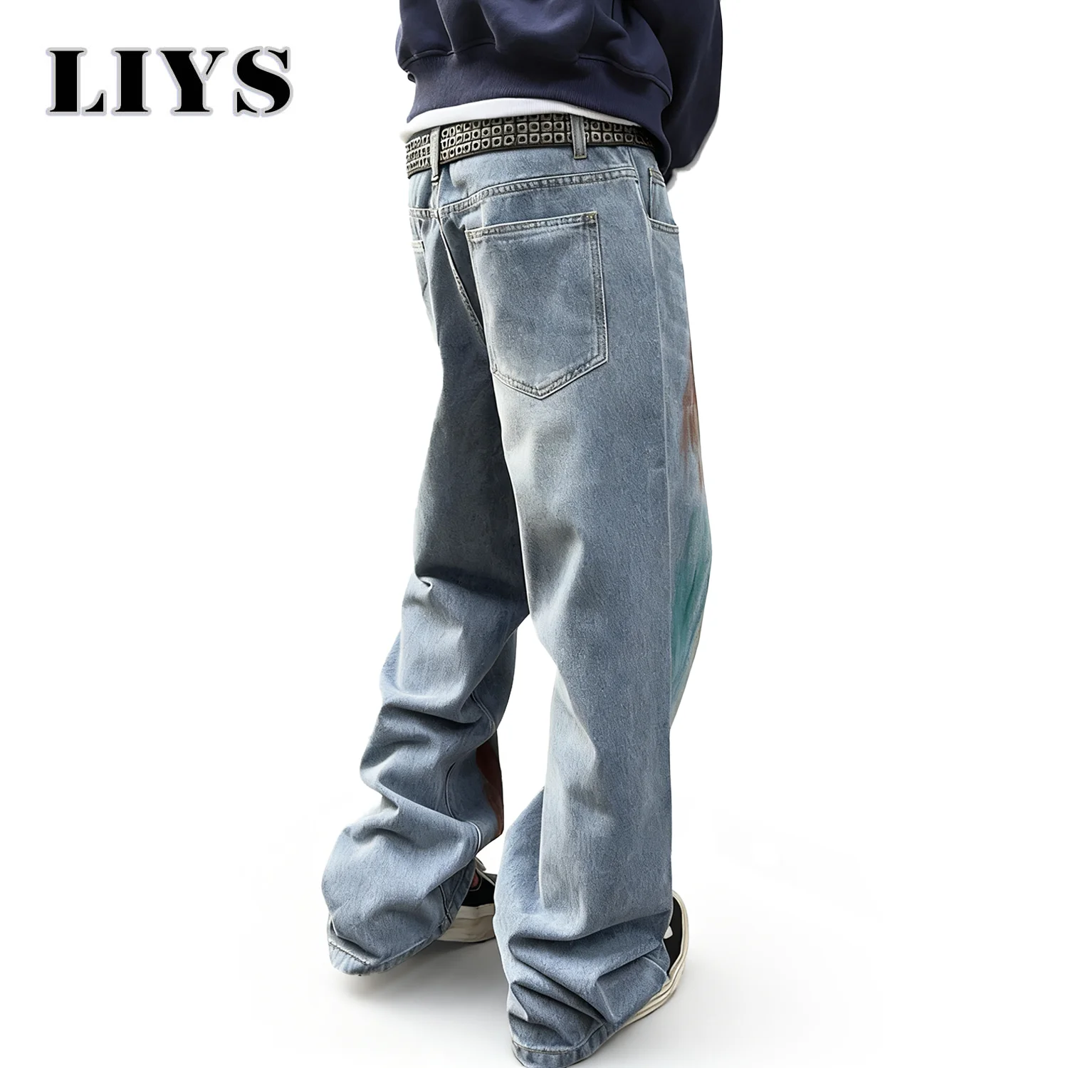 กางเกงยีนส์ทรงตรงหลวมสไตล์เรโทรลายกราฟฟิตี้สำหรับผู้ชาย ดีไซน์ลวดลายนามธรรม ใส่สบายๆ สำหรับฤดูใบไม้ร่วงและฤดูหนาว