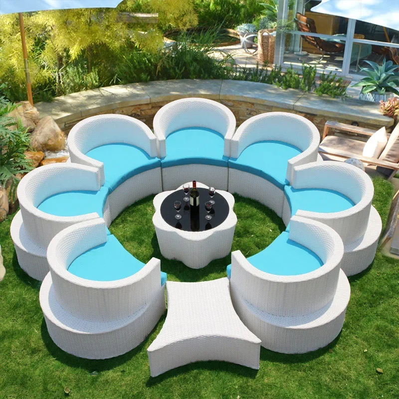 Hotel Commercial Sofa Set White Rattan Outdoor Furniture and Swivel Glider Chair Garden Sofa Plastic Cotton Fabric Environmental
