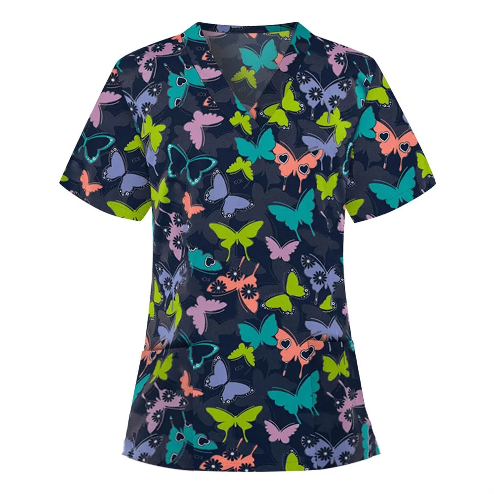 Туника женская с принтом бабочки, топ для медсестры, униформа для работы в больнице, Повседневная футболка с коротким рукавом и V-образным вырезом