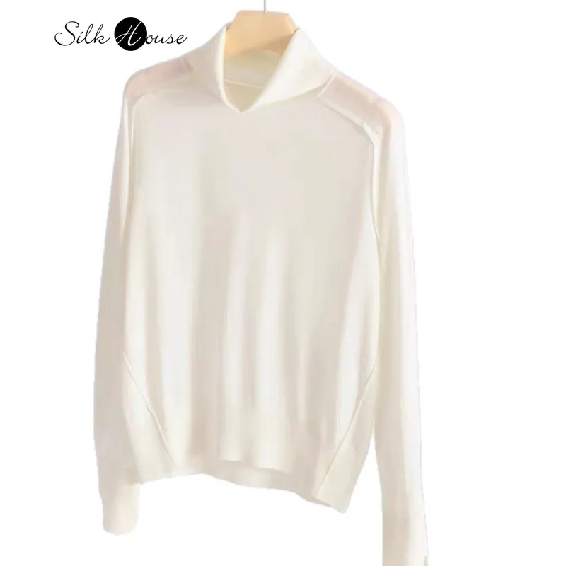 

Women's Fashion Autumn New 100% Wool Turn-down Collar Long Sleeve Split Design Solid Color Versatile Knitted Base Sweater