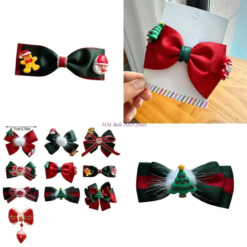 

49ME Christmas Themed Hair Clip Festival Costume Santa Bowknot Side Pin Hair Ornament