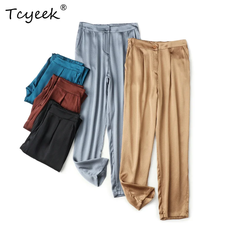 

Tcyeek 93% Mulberry 7% Spandex Summer Thin Wide Pants High Waisted Solid Color Long Woman Trousers Брюки Женские Летние 와이드 팬츠