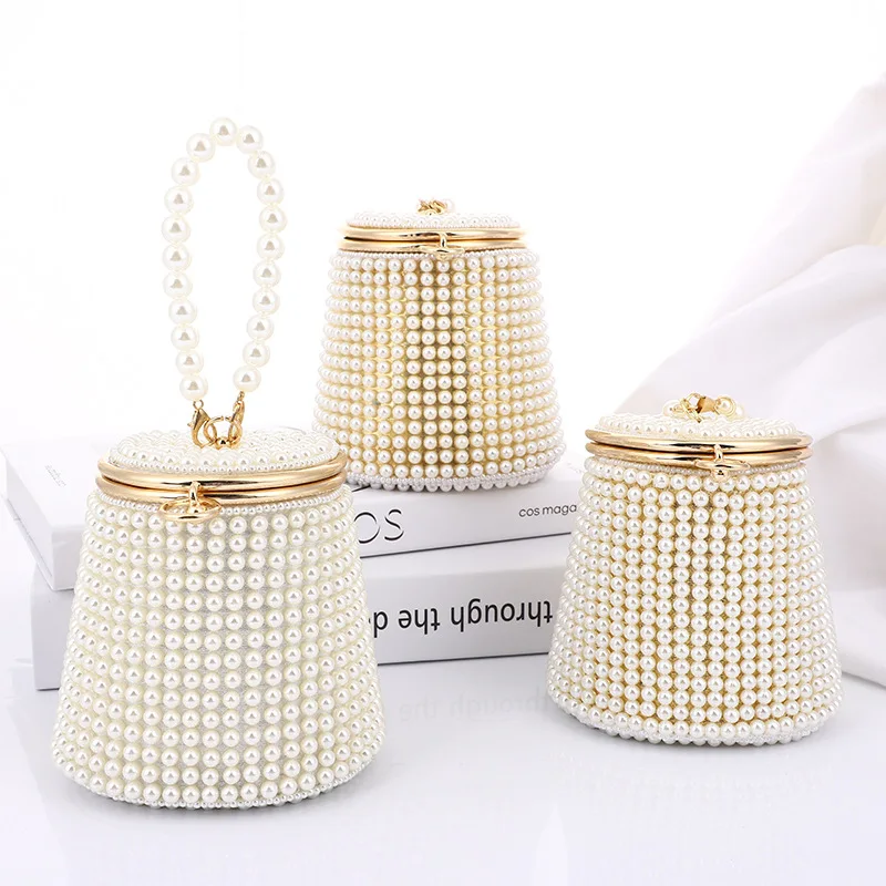 New Lady Handmade White Pearl Beaded Dinner Party Handbag Beautiful Clutch Womens Pearl Evening Bags Bridal Purse Bags Bride