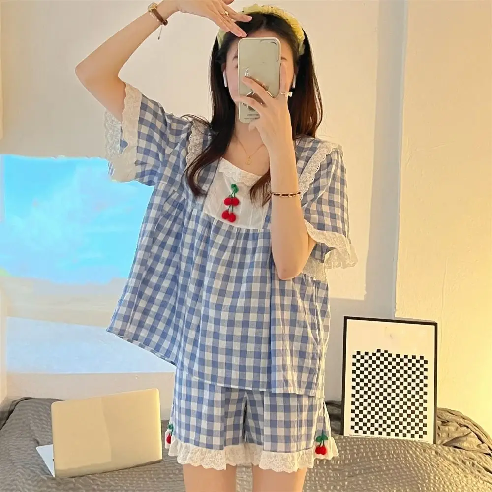 

Cherry Lace Grid Pajama Suit Square Neck Short Sleeve Shorts Camisole Nightwear Loose Women Homewear Two Pieces Sleepwear Sets