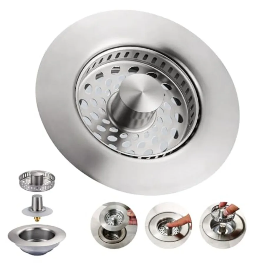 

Kitchen Sink Drain Strainer: Stainless Steel 3 in 1 Sink Stopper with Anti-Clogging Basket, Kitchen Strainer with Brass Bounce