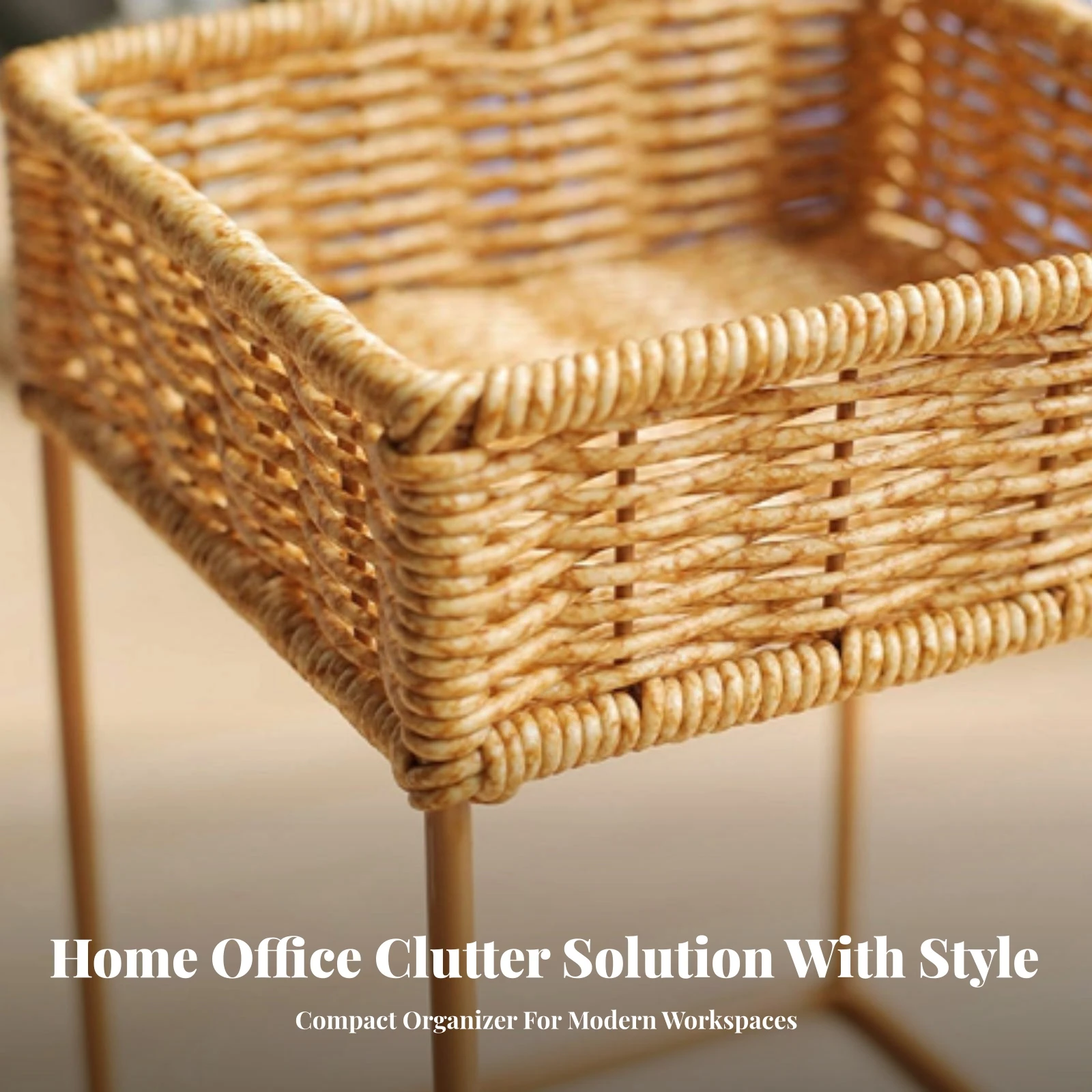Tabletop Storage Stand with Woven Basket Space-Saving Rattan Basket Stand with Wire Frame for Minimalists, Desk, Windowsill