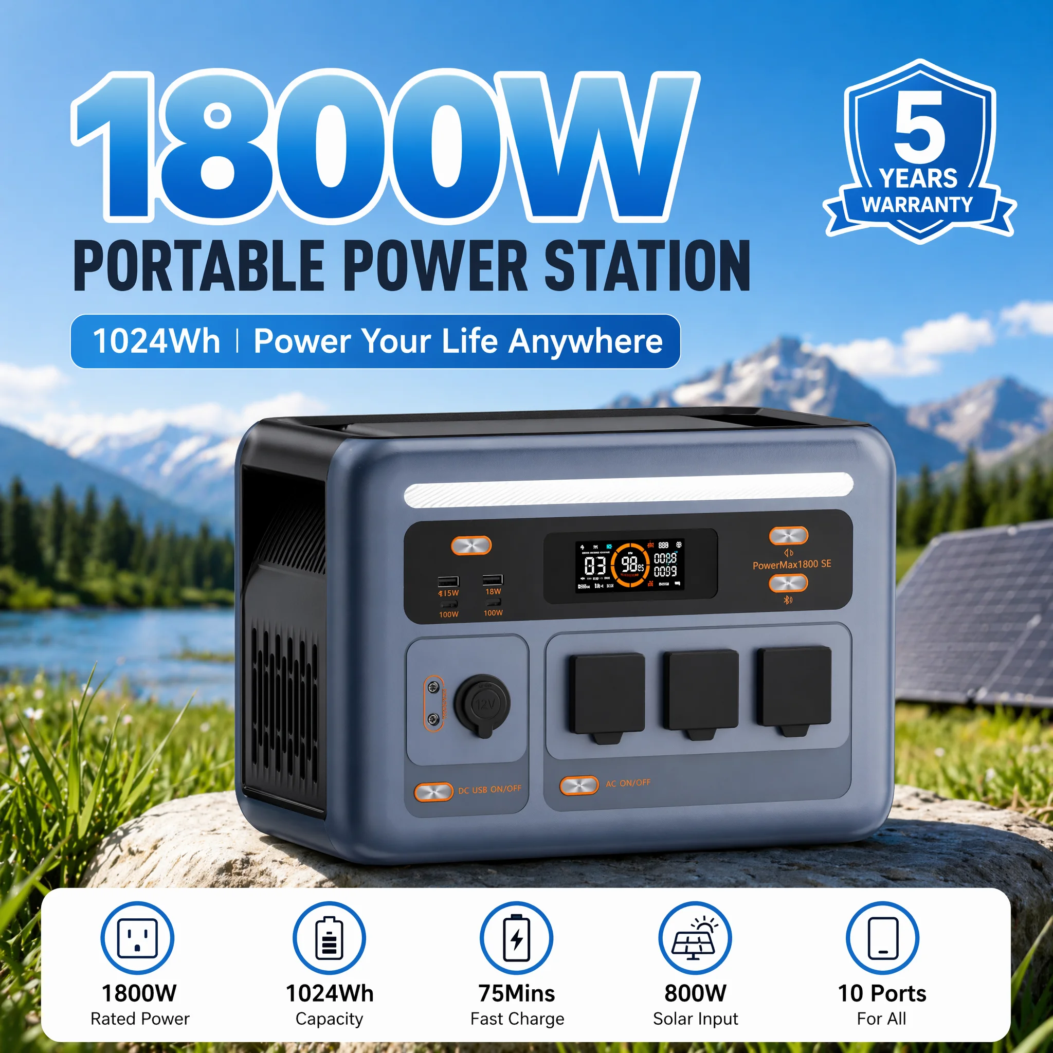 OSCAL 1024Wh/1800W Tragbare Powerstation, 1024Wh LiFePO4 Batteriegenerator mit 3x1800W AC-Steckdosen (3600W Spitzenleistung), 800W AC-Ladung & 800W Solarladung, APP-gesteuerte Powerstation für