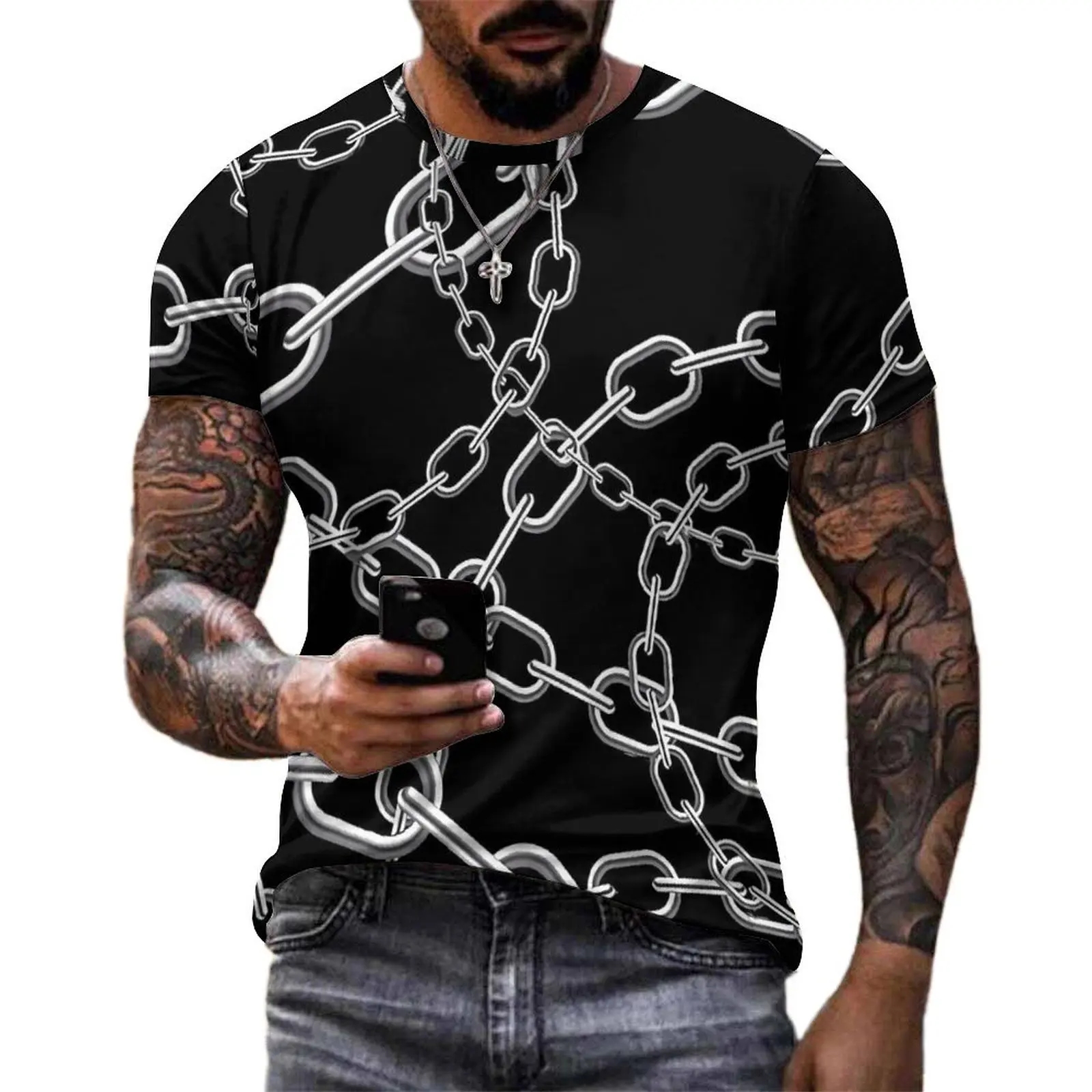 White Chain T-Shirt Links Print Funny T-Shirts O-Neck Retro Tee Shirt Summer Men Graphic Tops Plus Size 5XL 6XL