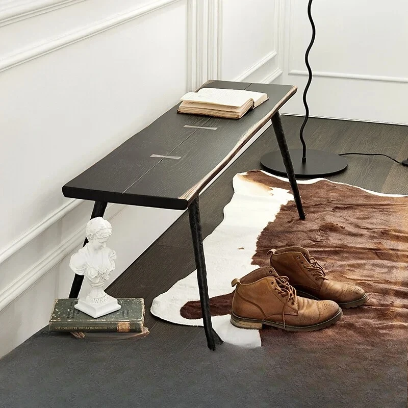 Nordic Bedside Stool Dining Table Bench Industrial Wabi Wind Solid Wood Oak Wrought Iron Natural Edge Bench Expression Furniture
