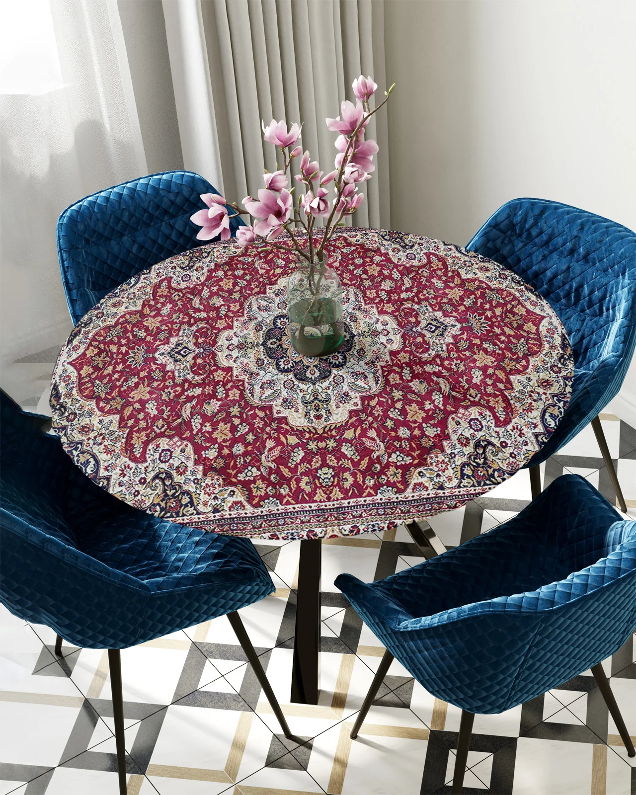 Retro Texture Round Tablecloth Elastic Table Cover Indoor Outdoor Waterproof Dining Table Decoration Accessorie