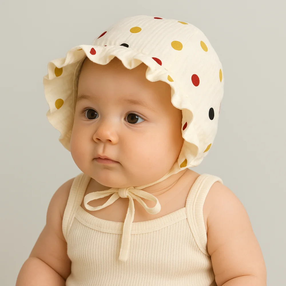 

Ruffles Korean Baby Fetal Cap Soft Cotton Flower Cherry Print Newborn Sun Hat New Princess Infant Beanie Cap Daily