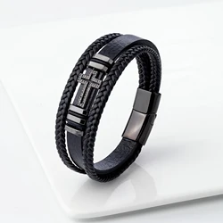 2023 New European and American Style Fashion Matching Hollow Cross 3-layer Leather Rope 316L Stainless Steel Men's Bracelet