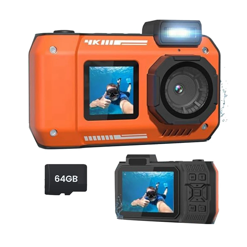 ABAC-Waterproof Camera 4K 65MP Underwater Camera With 64G Card, For Snorkeling Autofocus Selfie Dual-Screen