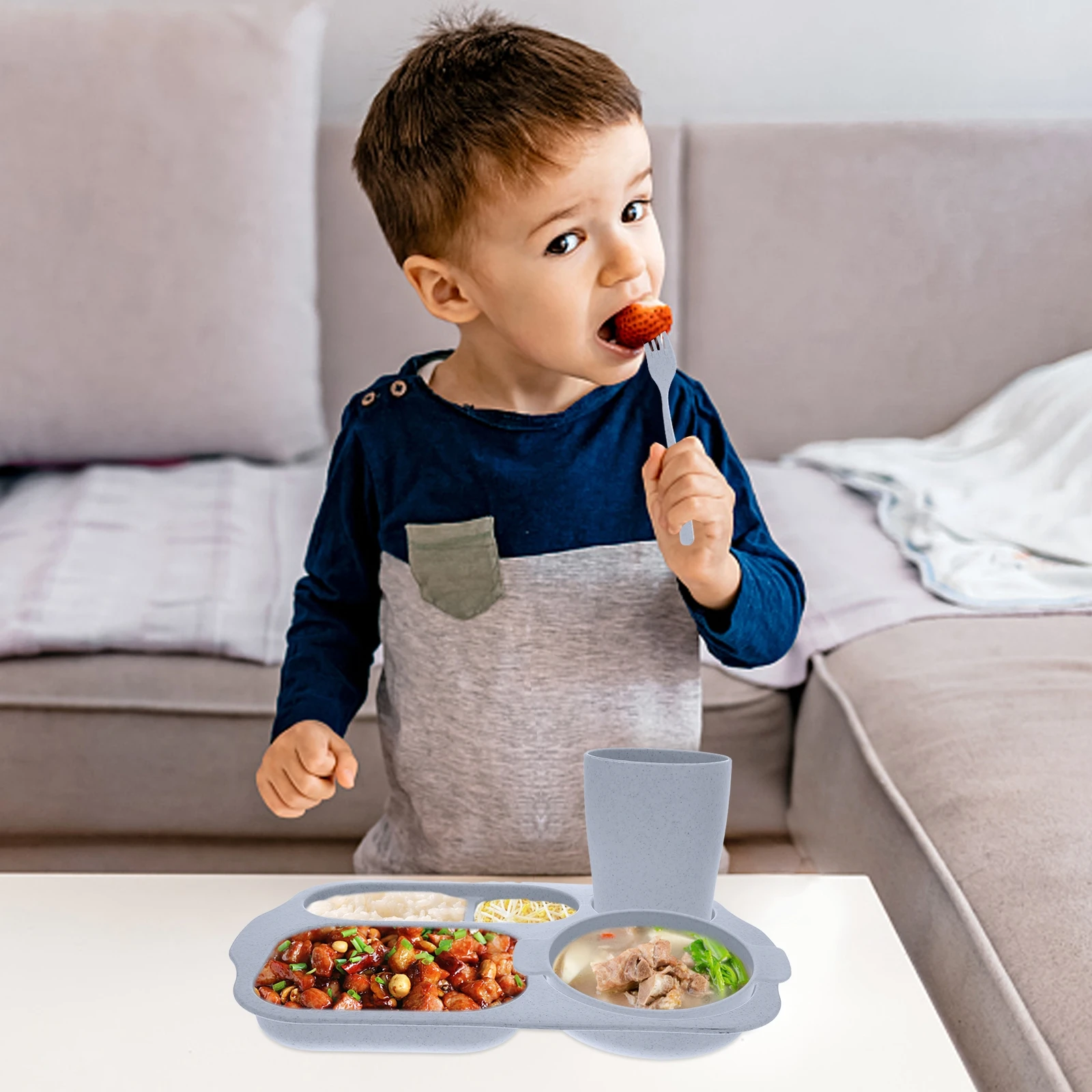 

1 Set Separated Slot Plate Kit Plastic Tableware Set Service Plate Kit Dinner Plate Fork Spoon Kit with Bowl (Blue)