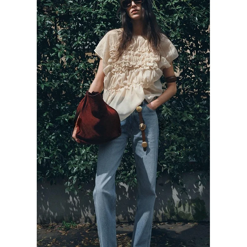 Spring New Women's round Ne ort Sve Embroidered Semi-Transparent Fabric Top Loose Fit Commute Sle Pure Color 4786002