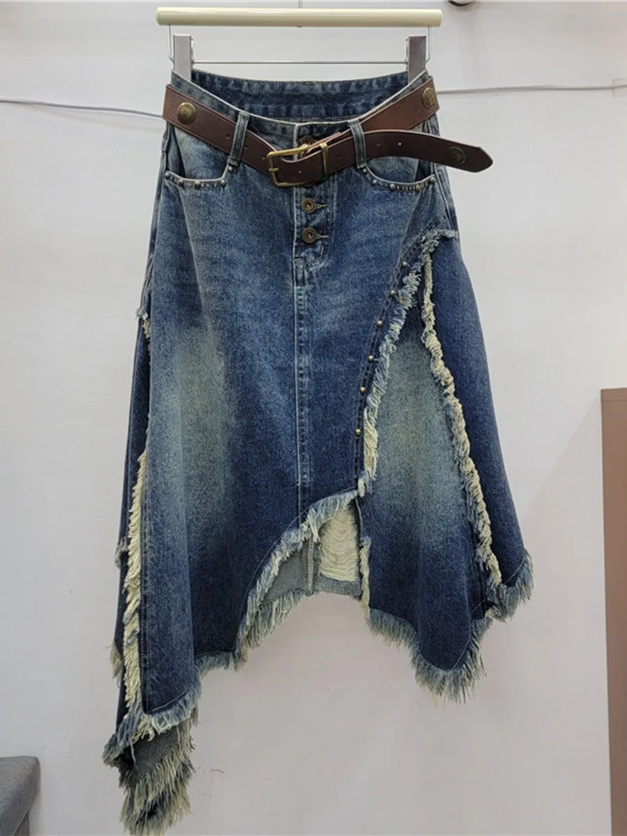 GALCAUR Frayed Spliced Rivet Loose Denim Skirt for Women High Waist Patchwork Button Asymmetrical Casual Skirts Female Fashion