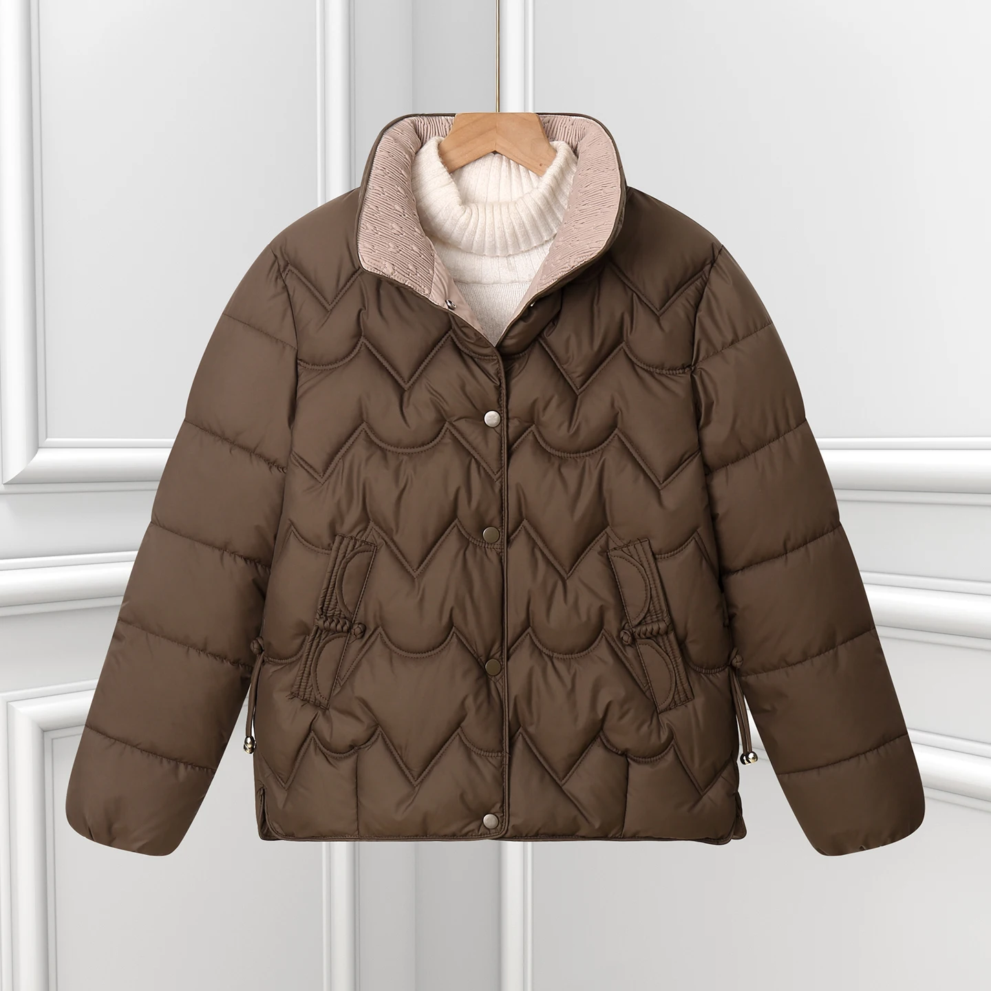 الشتاء Thiened أسفل القطن Jaet المرأة Faionable الوقوف طوق ملابس خارجية فضفاضة الكورية Sle طويلة Sve طول منتظم #4