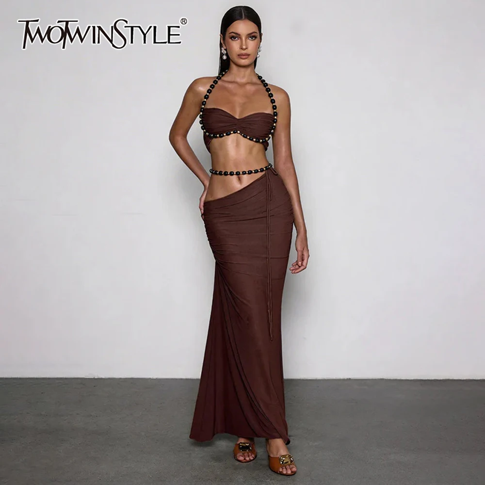 

TWOTWINSTYLE Beach Vacations Brown Beaded Accent Two Piece Set for Women Halter Crop Top Ruched Maxi Skirt Suit for Pool Parties