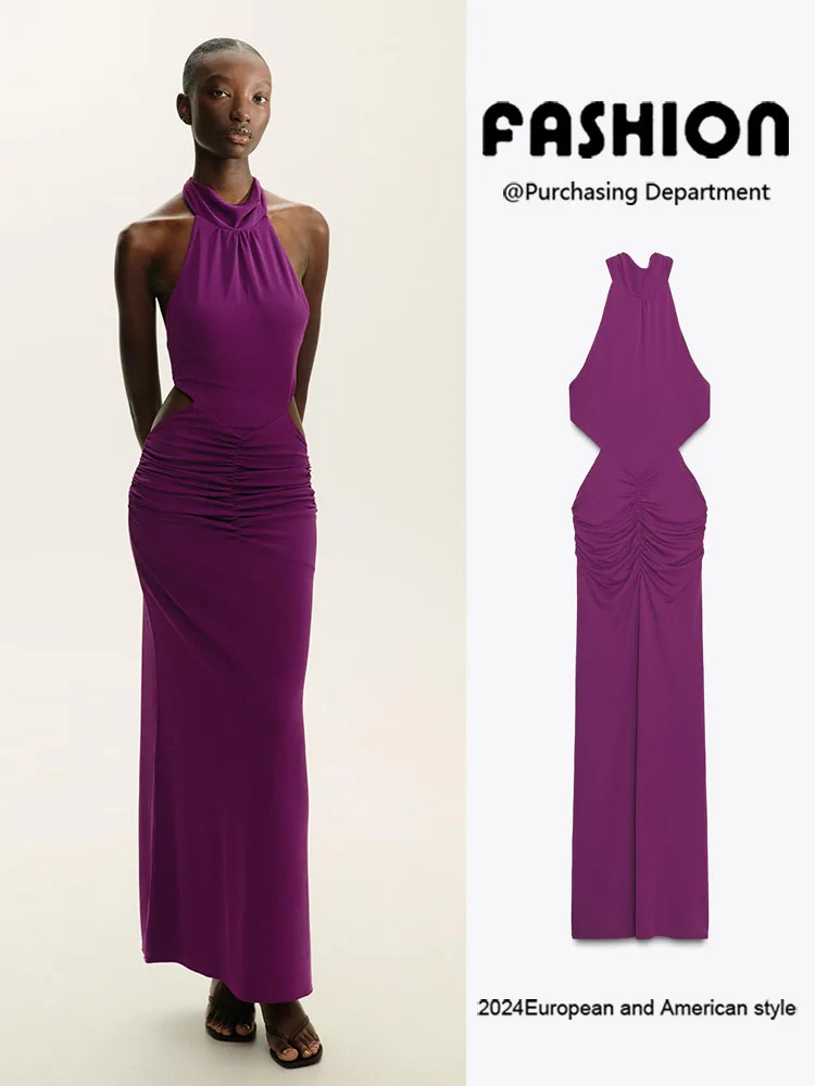 

Summer New Faion Women's Dr ZA2025 Svel Gauze Hanging Ne Long Dr High Waist Evening Gown Pure Color Maxi Dr